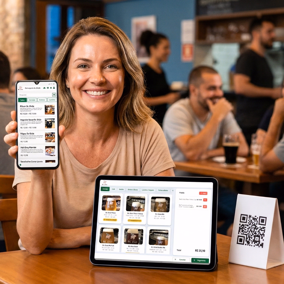 Cliente usando tablet PIGmobi em restaurante